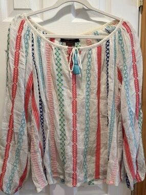 Payal Pratap Embroidered Stripes Aqua Coral Tunic Top Blouse SMALL Ivory EXC